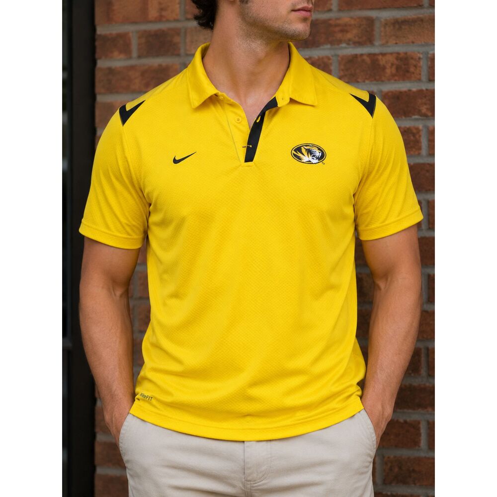 Nike Team Mizzou Tigers Polo Shirt Mens Medium Yellow Dri-FIT Missouri NCAA